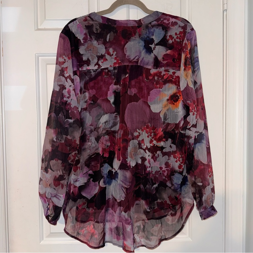 CJ Banks Purple Floral ruffle button down long sleeve Blouse top 1x NWT - Picture 10 of 16